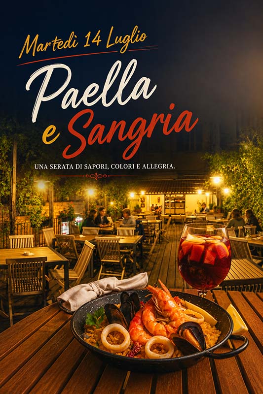cena spagnola LR cena spagnola, martedì 14 luglio 2026. Paella e Sangria
